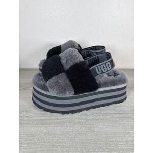 UGG Disco Checker Platform Slides Black Grey Sheepskin Slippers Size 7